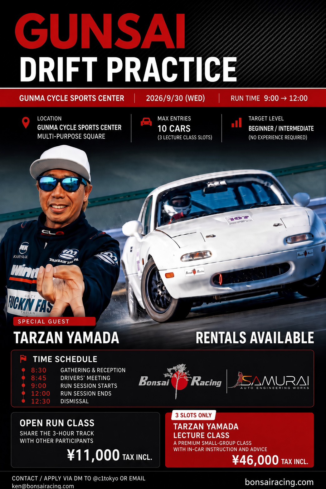 Gunsai Drift Practice flyer featuring Tarzan Yamada